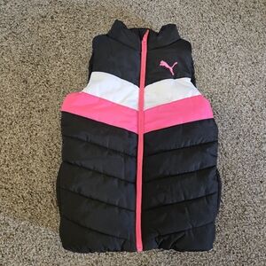Puma Quilted Puffer Vest Girl's XS 5/6 Full Zip Mock Neck Black Pink White Youth